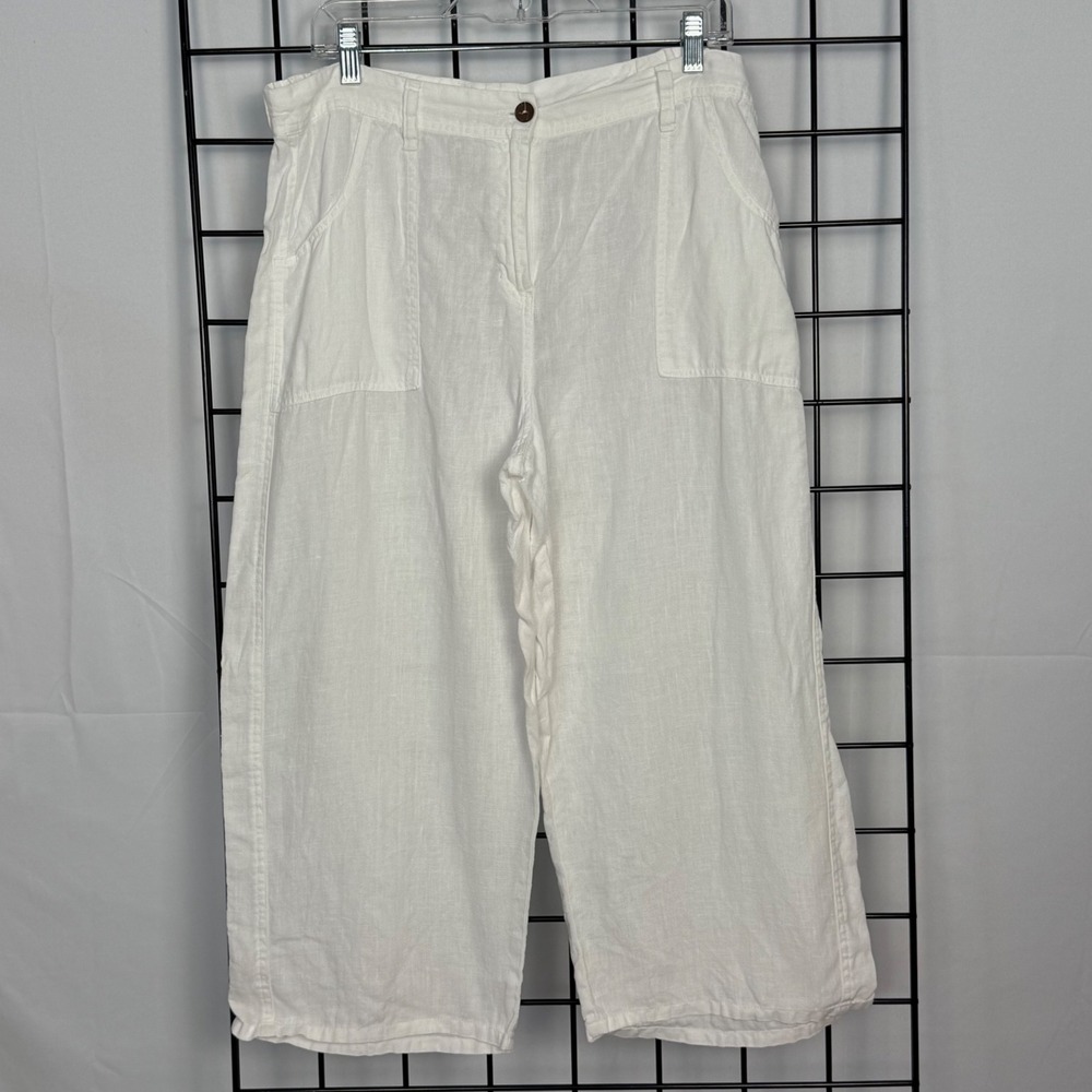 Chico's‎ Linen Pants Womens 3 White Wide Leg Cropped Elastic Back Patch Pockets